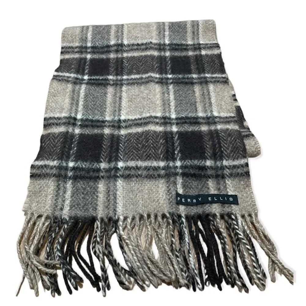 Perry Ellis dark brown and tan plaid wool scarf.